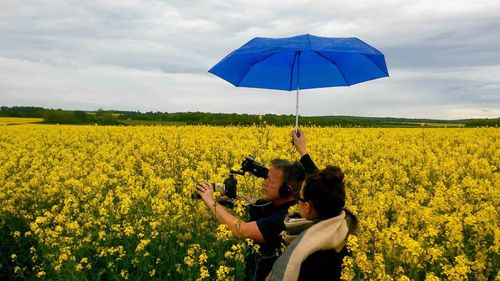 Filming in a mustard field, Dijon, France