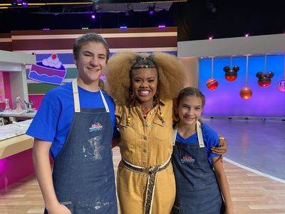 Parker James Fullmore on the set of Disney's Magic Bake Off with Dara Renee and Payton Fullmore