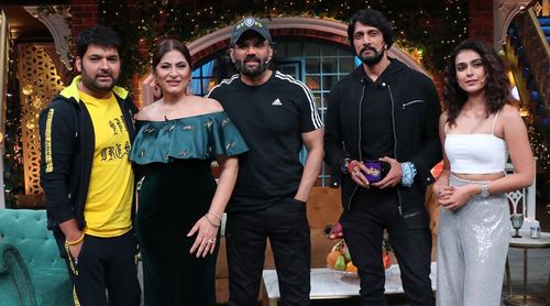 Archana Puran Singh, Suniel Shetty, Sudeep, Aakanksha Singh, and Kapil Sharma in The Kapil Sharma Show: The Star Cast of