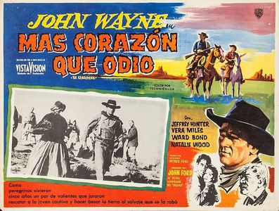 John Wayne, Ward Bond, Jeffrey Hunter, Olive Carey, Vera Miles, and John Qualen in The Searchers (1956)