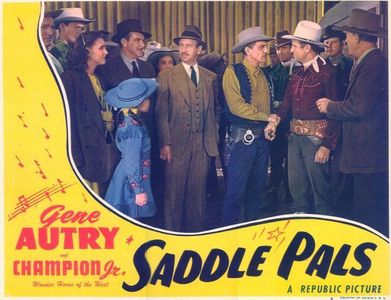 Gene Autry, Irving Bacon, Tom London, Francis McDonald, Damian O'Flynn, Lynne Roberts, and Jean Van in Saddle Pals (1947