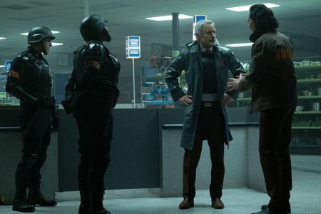 (L-R): Hunter D-90 (Neil Ellice), Hunter B-15 (Wunmi Mosaku), Mobius (Owen Wilson) and Loki (Tom Hiddleston) in Marvel S