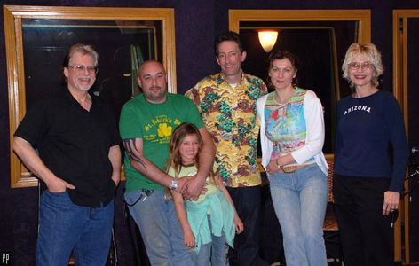 Dennys McCoy, Andrew Young, Charlie Yound, Tom Kenny, Tatiana Chekhova and Pamela Hickey in recording studio of Cosmic Q