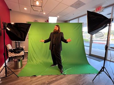 BTS image of actor Brandon Krum recording green screen footage for a couple of feature films.