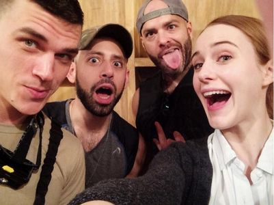 Finn Wittrock, Anthony Michael Lopez, Slate Holmgren, and Rachel Brosnahan backstage of Othello at New York Theatre Work