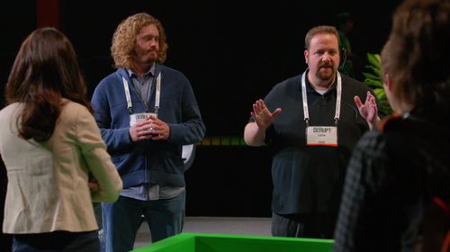 The Tech Crunch Disrupt stage manager (Ben Zelevansky) lays out the rules for Monica (Amanda Crew) and Erlich Bachman (T