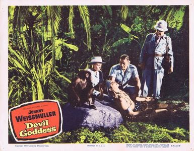 Abel Fernandez, Selmer Jackson, Angela Stevens, and Johnny Weissmuller in Devil Goddess (1955)