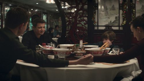 Jeremy Renner, Ava Russo, Ben Sakamoto, and Cade Woodward in Hawkeye (2021)