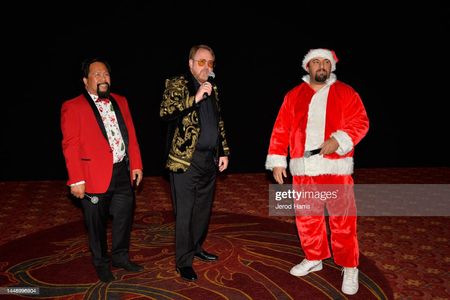 (L-R) Bill Victor Arucan, Greg Tally and James Balsamo emcee Raven Van Slender Saves Christmas! Premiere on stage at the