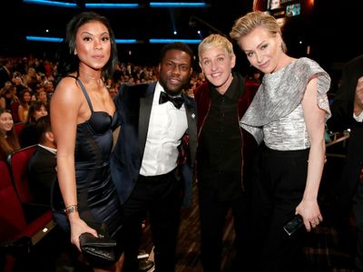 Ellen DeGeneres, Portia de Rossi, Kevin Hart, and Eniko Parrish at an event for The 43rd Annual People's Choice Awards (