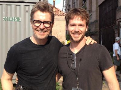 Gary Oldman & Jody Mullins on the set of Dawn Of The Planet Of The Apes.