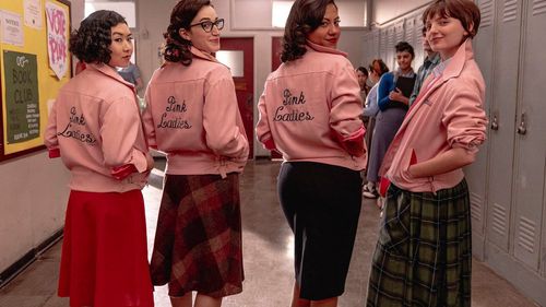 Cheyenne Isabel Wells, Ari Notartomaso, Tricia Fukuhara, and Marisa Davila in Grease: Rise of the Pink Ladies: Too Pure 
