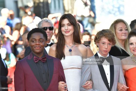 CANNES, FRANCE - MAY 19: Jaylin Webb, Anne Hathaway and Michael Banks Repeta attends the screening of 
