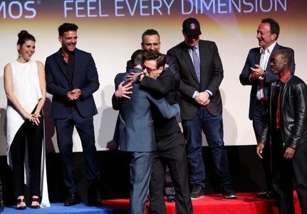 Don Cheadle, Robert Downey Jr., Marisa Tomei, Louis D'Esposito, Chris Evans, Kevin Feige, and Frank Grillo at an event f