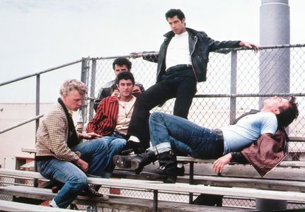 John Travolta, Jeff Conaway, Barry Pearl, Michael Tucci, and Kelly Ward in Grease (1978)