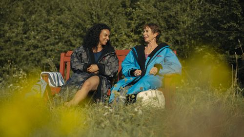 Cat White and Celia Imrie on set of Fifty-Four Days