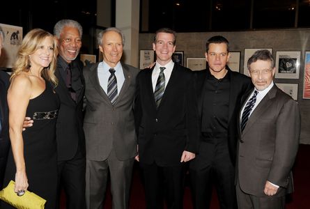 Lori McCreary, Morgan Freeman, Clint Eastwood, Robert Lorenz, Matt Damon, Barry Meyer at the premiere of Invictus.