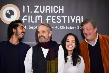 Dev Patel, Jeremy Irons, Devika Bhise, and Stephen Fry at the press conference for The Man Who Knew Infinity at the Zuri