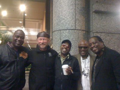 JB with Earth, Wind and Fire, in Philadelphia. Gary Bias, Greg Moore, friend Lee Jr., and Morris O'Conner.