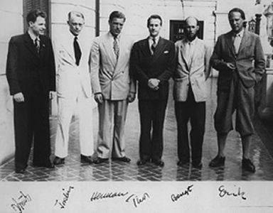 Bengt Danielsson, Knut Haugland, Thor Heyerdahl, Torstein Raaby, Herman Watzinger, and Erik Hesselberg in Kon-Tiki (1950