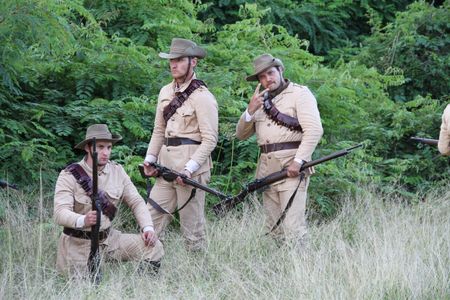 Traverse Le Goff, Benedict Wall and Aidan Lithgow on the set of Breaker Morant - The Retrial.