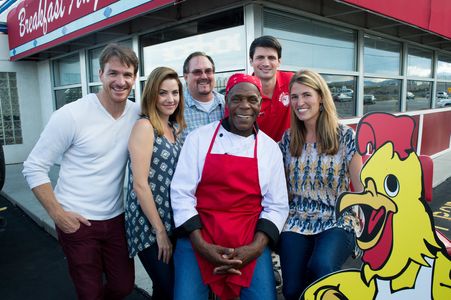 Steven A Lee on the set of Waffle Street with Danny Glover, James Lafferty, Julie Gonzalo, Autumn McAlpin, and Brad John