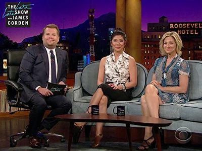 Edie Falco, Julie Chen Moonves, and James Corden in The Late Late Show with James Corden (2015)