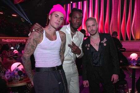 Andrew Watt, Justin Bieber, and Leon Bridges at an event for The 64th Annual Grammy Awards (2022)