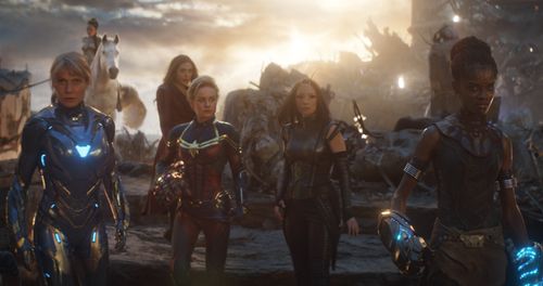 Gwyneth Paltrow, Brie Larson, Elizabeth Olsen, Tessa Thompson, Pom Klementieff, and Letitia Wright in Avengers: Endgame 
