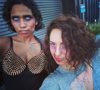 Madara Jayasena and Nikki Leathers behind the scenes of Dead Serious