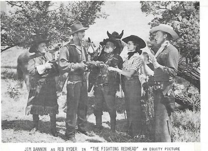 Jim Bannon, Lane Bradford, Emmett Lynn, Marin Sais, and Peggy Stewart in The Fighting Redhead (1949)