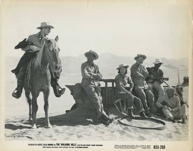 Randolph Scott, William Bishop, Edgar Buchanan, Russell Collins, Ella Raines, and Josh White in The Walking Hills (1949)