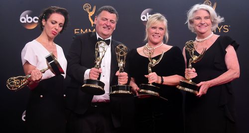 Amanda Abbington, Rebecca Eaton, Steven Moffat, and Sue Vertue at an event for The 68th Primetime Emmy Awards (2016)
