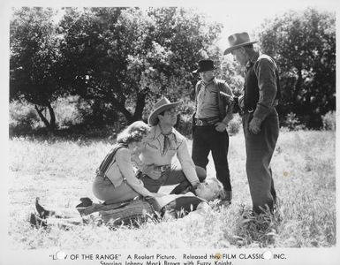 Johnny Mack Brown, Nell O'Day, Pat O'Malley, and George Plues in Law of the Range (1941)