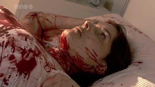 Murder scene from the BBC TV series Torchwood. Jo playing the character Sarah Briscoe in the episode The Keep Killing Su