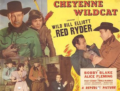 Roy Barcroft, Robert Blake, Bill Elliott, Bud Geary, Francis McDonald, and Peggy Stewart in Cheyenne Wildcat (1944)