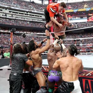 Jeff Hardy, Matt Hardy, Colin Jost, Sesugh Uhaa, Adam Scherr, and Manny Andrade in WrestleMania 35 (2019)