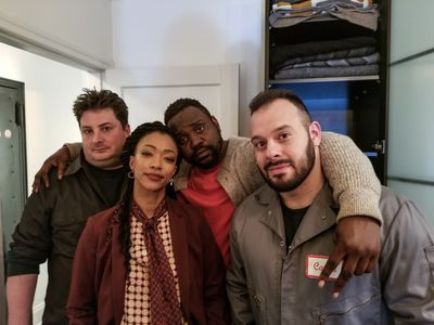 Omar Torres, Brian Tyree Henry, Sonequa Martin Green and H. Foley on the set of The Outside Story