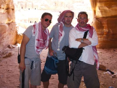 Producer Benjamin Green with Karl Pilkington and director Luke Campbell on location Petra, Jordan for An Idiot Abroad se