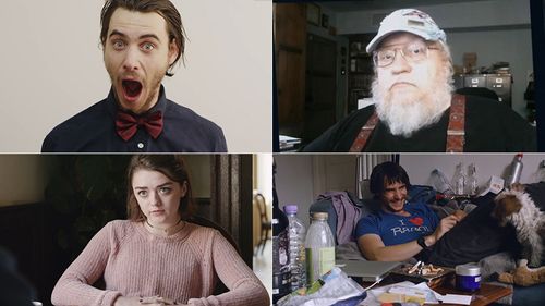Harry Lloyd, George R.R. Martin, and Maisie Williams in Supreme Tweeter (2015)