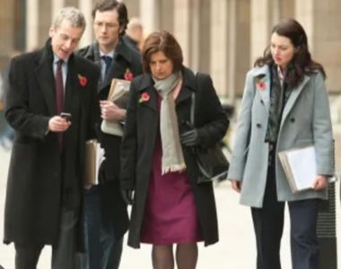 Rebecca Gethings in 'The Thick of It' with Rebecca Front, Peter Capaldi and Chris Addison