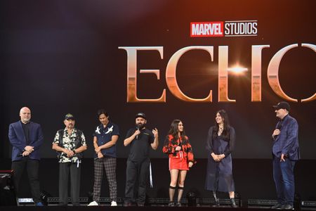 Vincent D'Onofrio, Graham Greene, Kevin Feige, Cody Lightning, Chaske Spencer, Alaqua Cox, and Devery Jacobs at an event