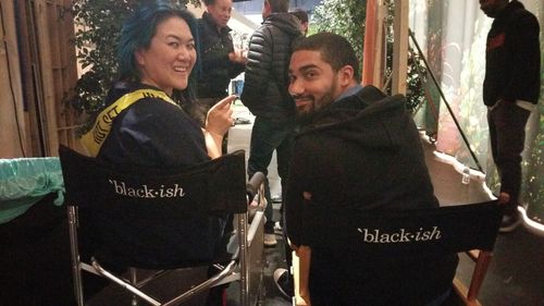 Jude Weng and Wes Taylor on the set of blackish