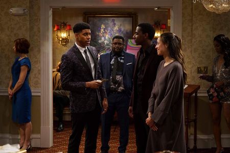 Mike Gray, LilRel Howery, Jerrod Carmichael, and Amber Stevens West in The Carmichael Show.