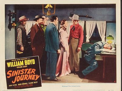 Stanley Andrews, William Boyd, Rand Brooks, Andy Clyde, Don Haggerty, Elaine Riley, and Harry Strang in Sinister Journey
