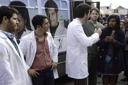 Ike Barinholtz, Chris Messina, Adam Pally, Mindy Kaling, and Ed Weeks in The Mindy Project (2012)