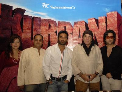 IIFA Awards launch of KURBANI. (L to R) Vekeana Dhillon (Writer), Puneet Sira (Writer), Suniel Shetty (Actor) Feroz Khan