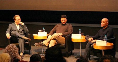 Tim Goodman moderating the 2014 Wrtiers' Room Panel with Jack Amiel and Chris Collins at the 2014 Vancouver Film Festiva