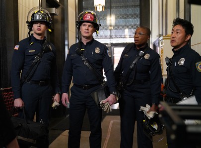 Kenneth Choi, Peter Krause, Aisha Hinds, and Oliver Stark in 9-1-1 (2018)