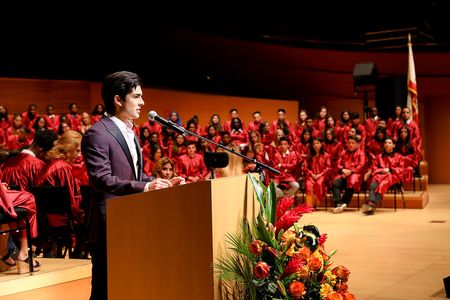 LOS ANGELES, CA. JUNE 26, 2018. Diego Tinoco addresses the graduates, Walt Disney Concert Hall, 30th annual “Celebration